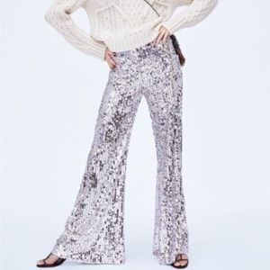 Zara nude silver sequin trouser pants xs nwt